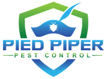 Logo for Pied Piper Pest Control: shield with green and blue accents, bug icon, and text.