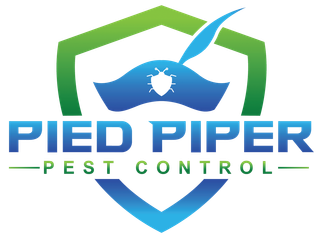 Logo for Pied Piper Pest Control: shield with green and blue accents, bug icon, and text.