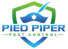 Logo for Pied Piper Pest Control. Green and blue shield, stylized bug and feather, with text.