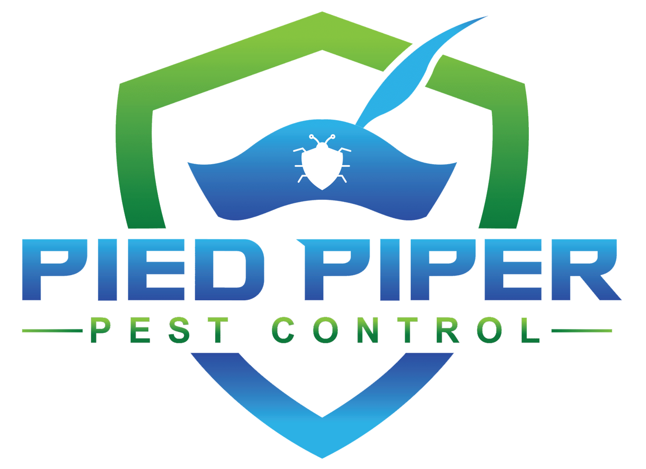 Pied Piper Pest Control logo: blue and green shield with a bug symbol and a stylized feather.
