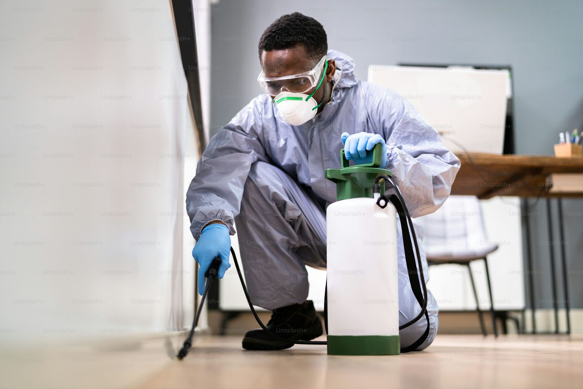 Pest control worker in protective gear spraying a chemical on a floor near a wall.