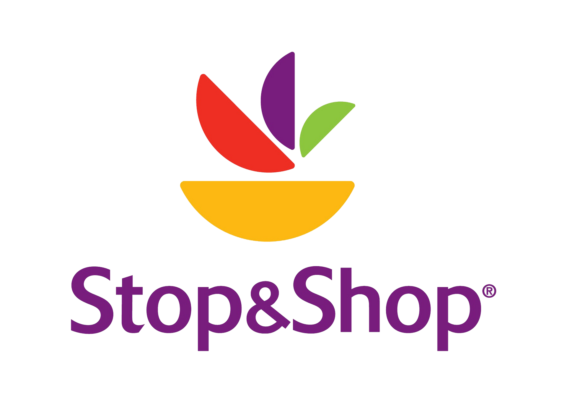 Stop & Shop logo: stylized bowl shape with red, purple, and green leaves; text in purple.