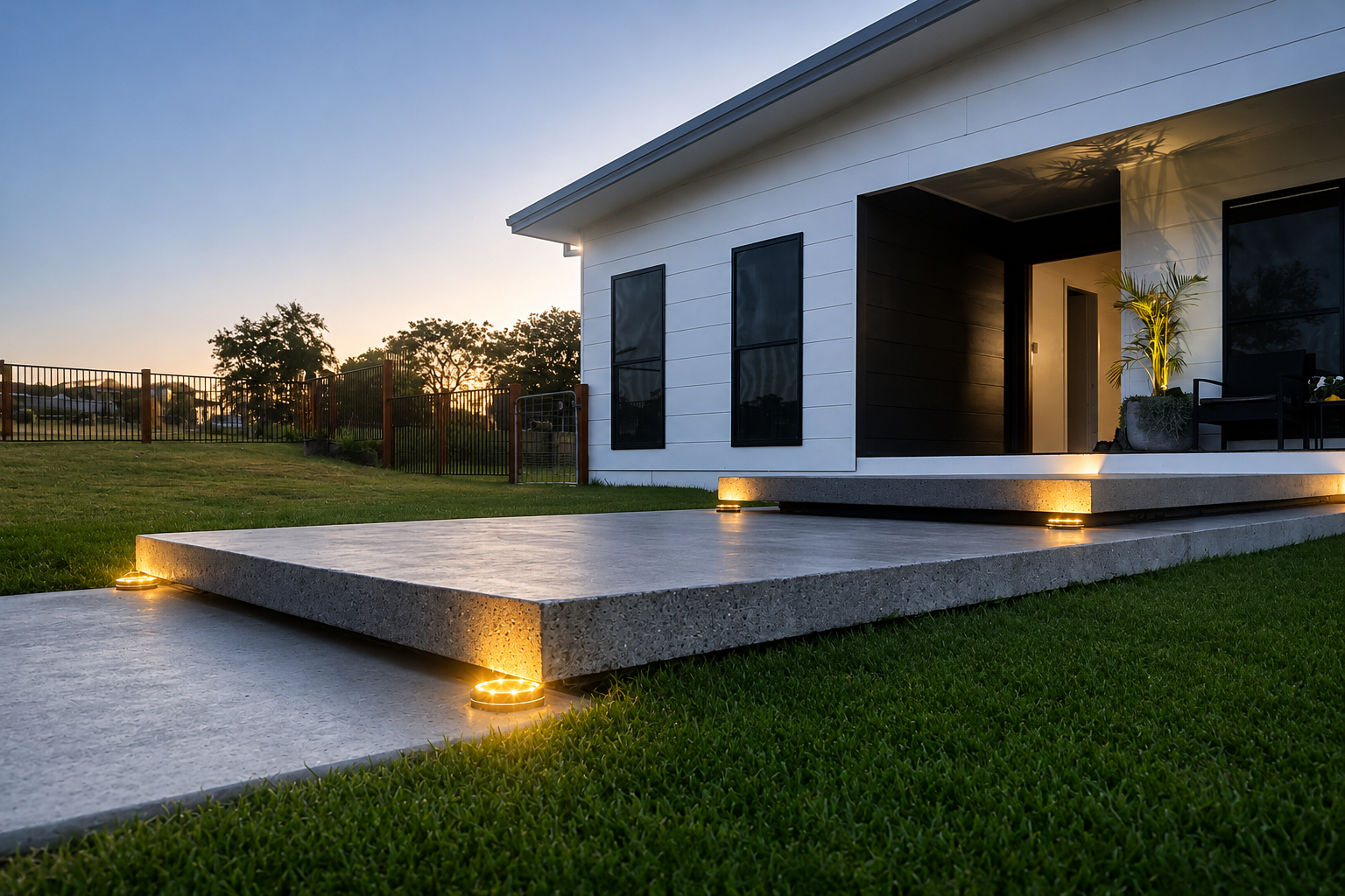 Modern white house patio with lit steps and landscaped lawn at sunset — Wade Adams Constructions in Forster, NSW