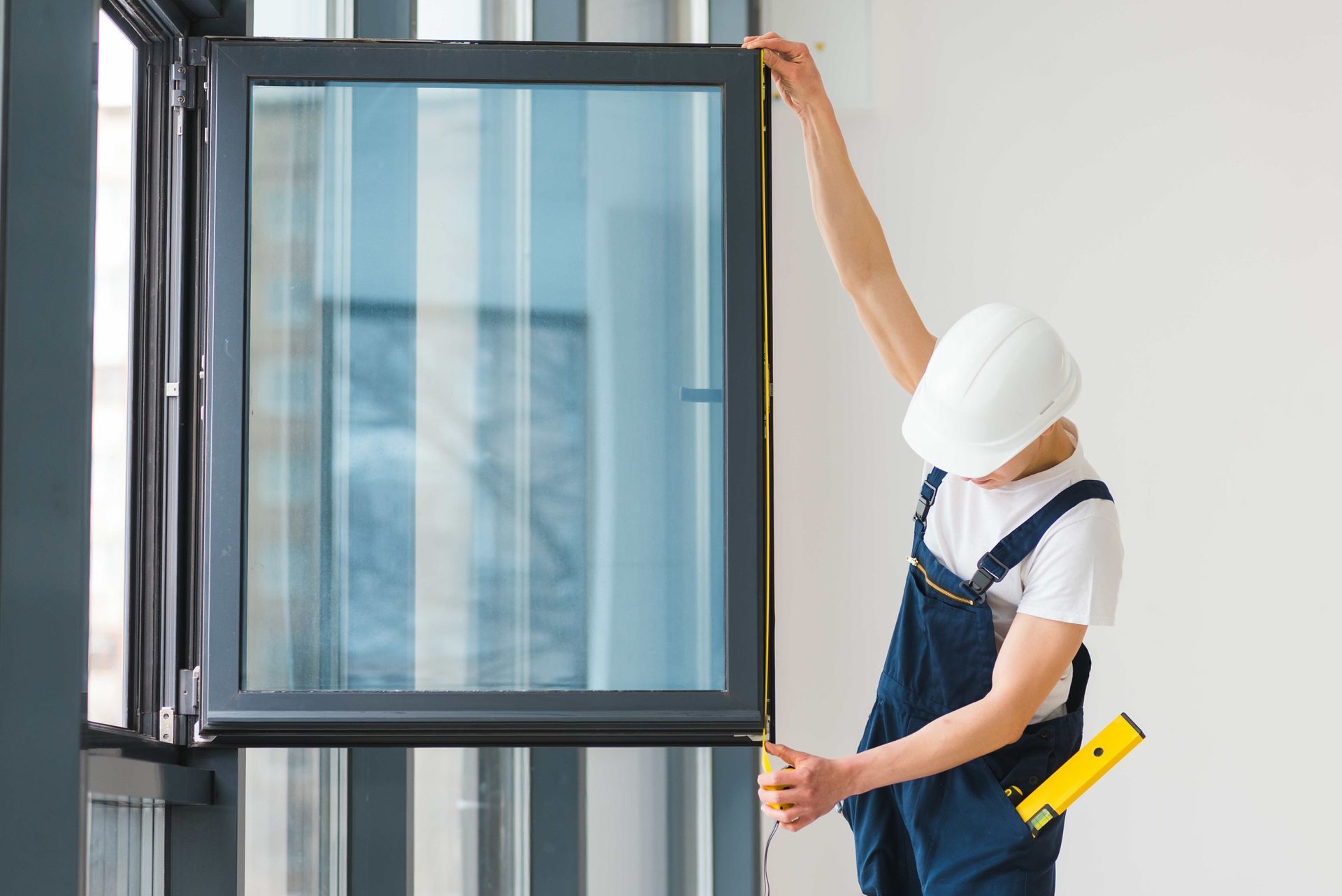 a man is measuring a window with a tape measure