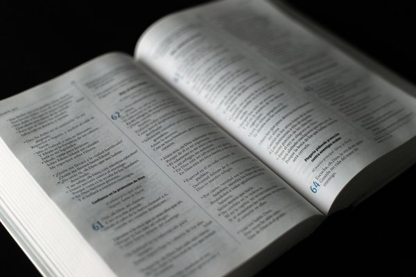 A close up of an open book on a table.