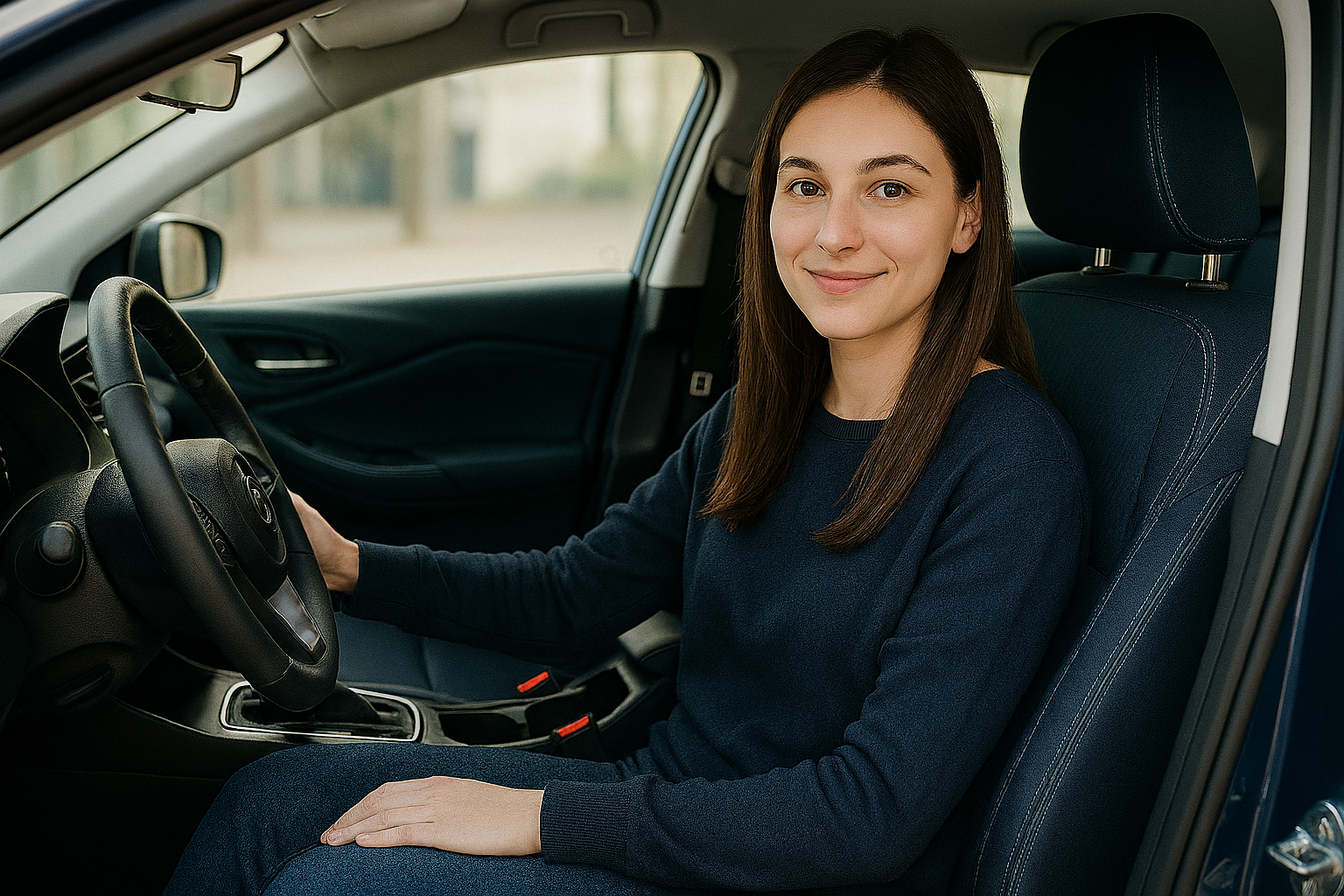 Lächelnde Frau, die auf dem Fahrersitz eines dunkelblauen Autos sitzt, die Hände am Lenkrad.