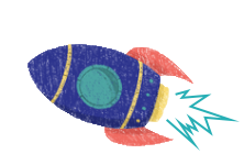 A blue and red rocket is flying through the air on a white background.