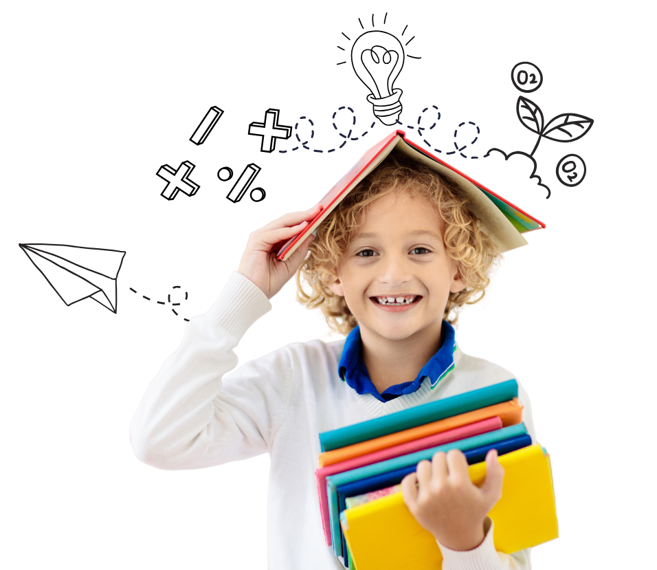 A young boy is holding a stack of books on his head.