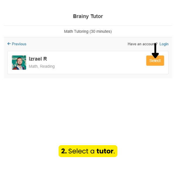 A screenshot of a brainy tutor website showing how to select a tutor.