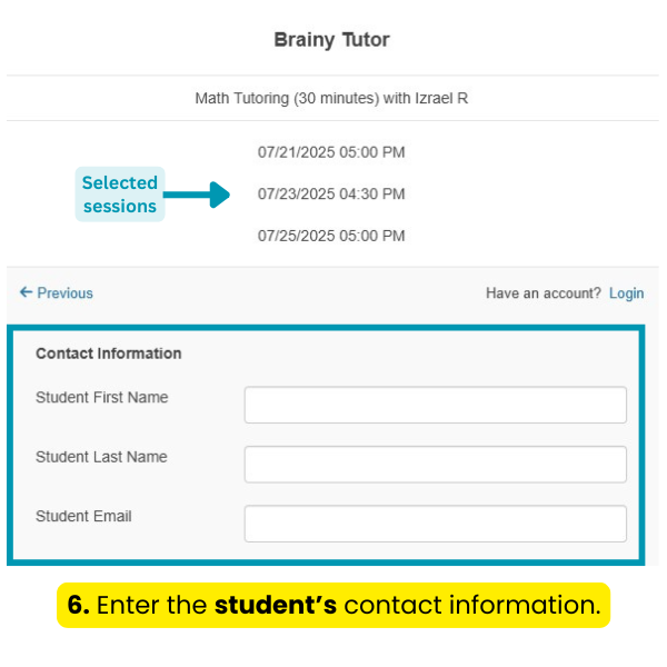 A screenshot of the brainy tutor website showing how to enter the student 's contact information.