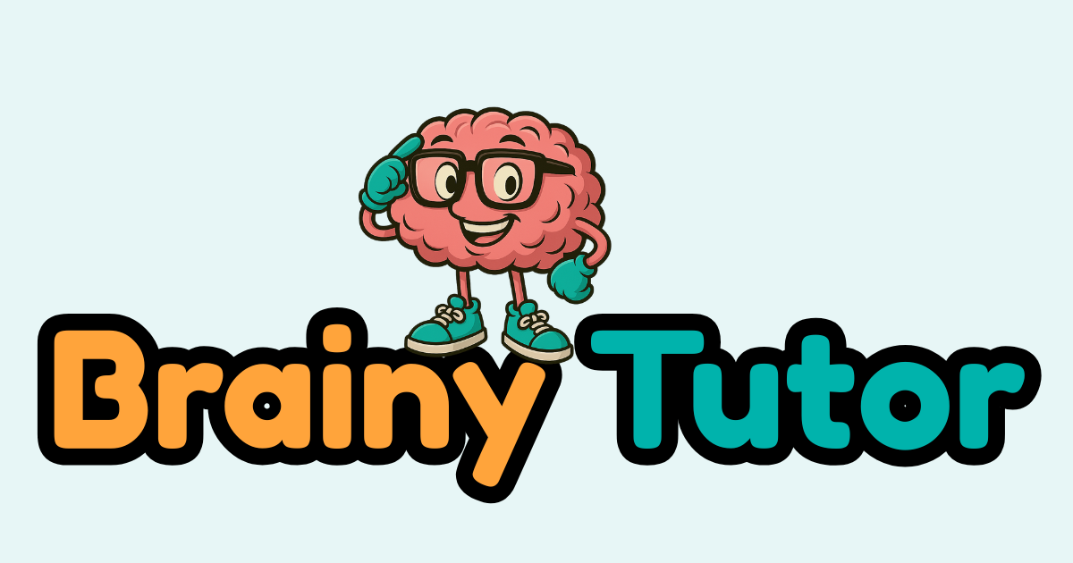 A cartoon brain wearing glasses and shoes is standing next to the words brainy tutor.