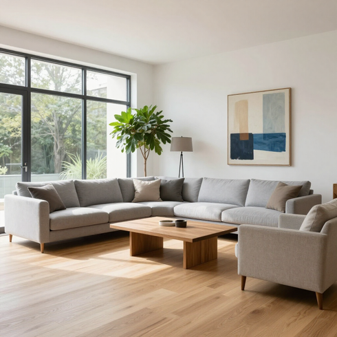 Sala de estar moderna y luminosa con sofá modular gris, mesa de centro de madera.