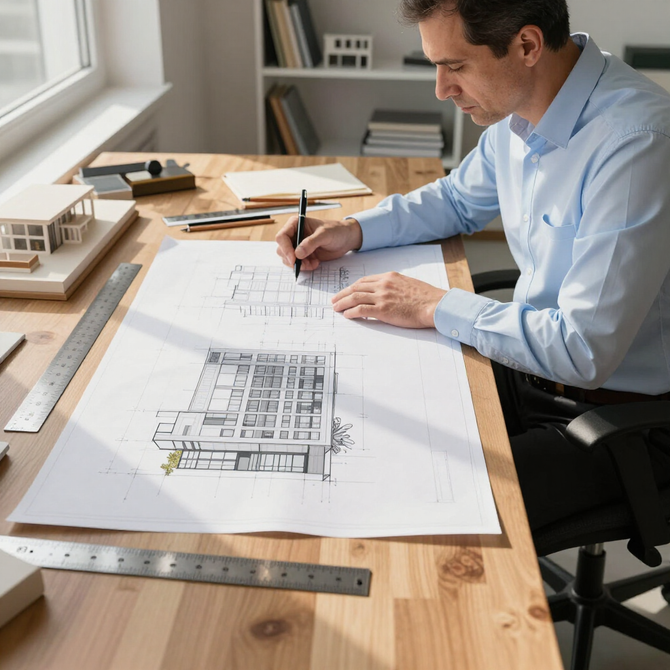 Un arquitecto dibuja un plano en un escritorio de madera en una oficina luminosa.