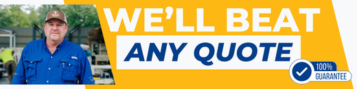 Blue-shirted man beside yellow banner reading “WE’LL BEAT ANY QUOTE” with a 110% guarantee badge