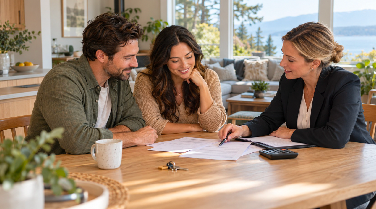 Homebuyers reviewing purchase documents and a calculator with an advisor at a dining table.