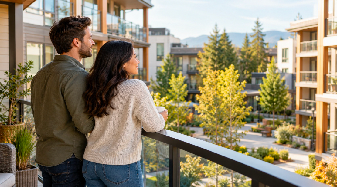Two adults on a condominium balcony looking across a landscaped courtyard toward nearby buildings