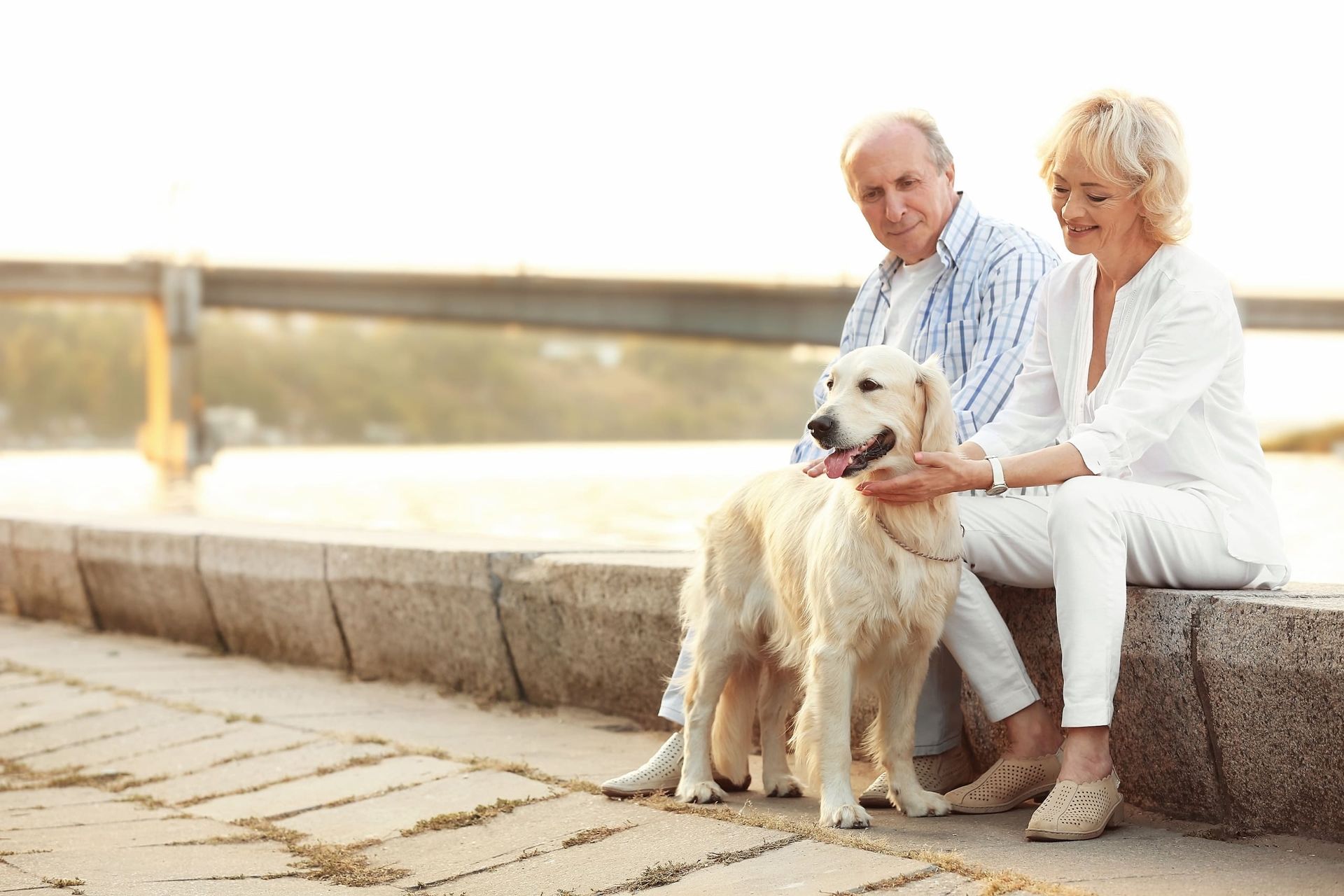 Older man kissing an older woman on the cheek; they are smiling on a beach.