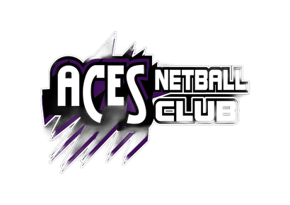 ACES Netball Club logo with white text, purple and silver accents, and a stylized design.
