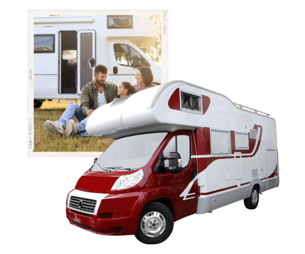A family is sitting on the ground next to a red rv.