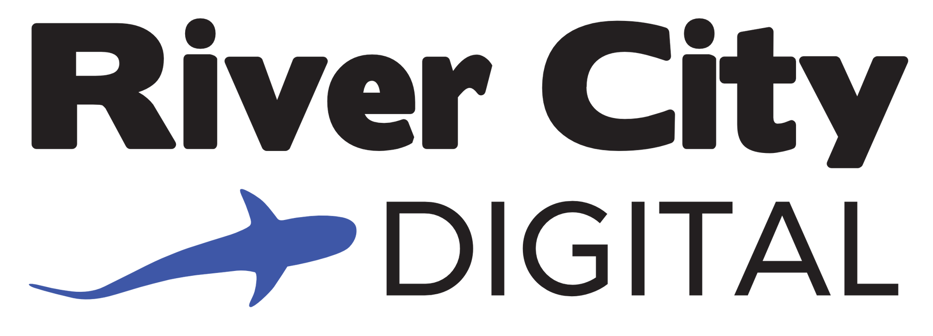 The river city digital logo has a blue shark on it.