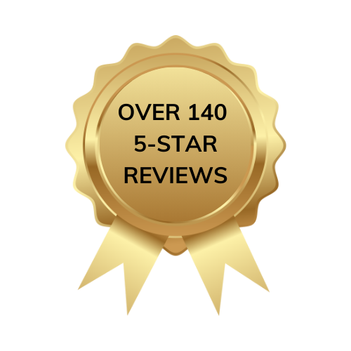 A gold seal that says over 140 5-star reviews