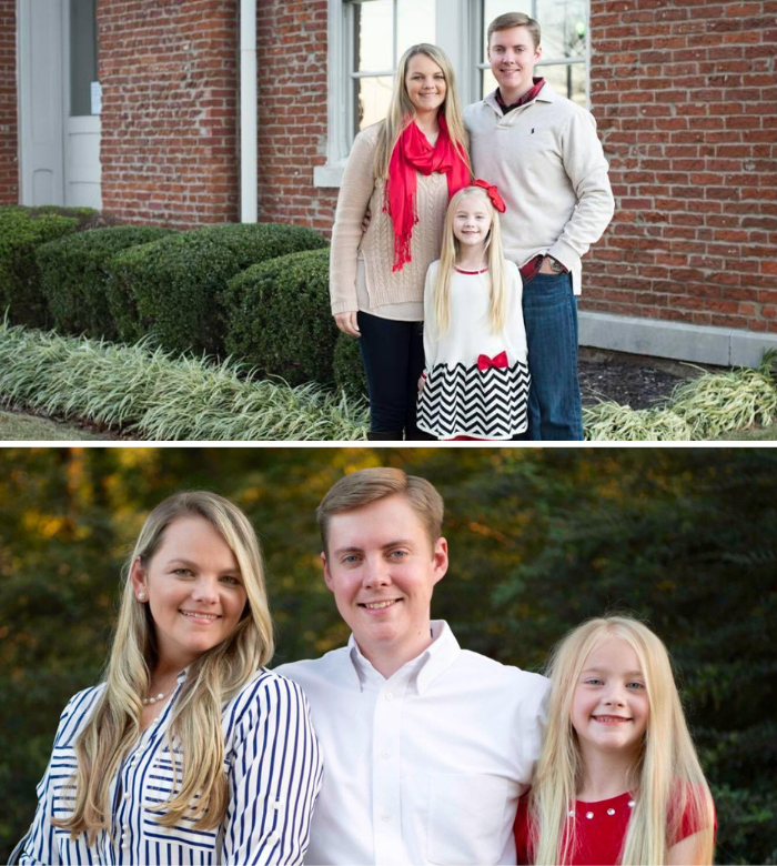 Two family portraits outdoors, with three people posing in front of brick and greenery.