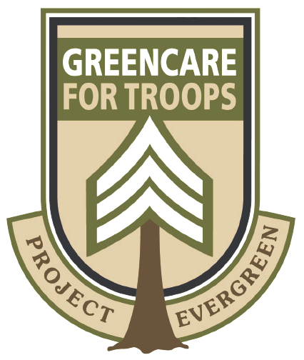 a logo for the greencare for troops project evergreen .