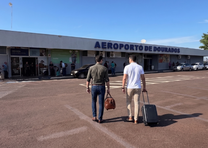 Dois viajantes a trabalho com bagagens a caminho do Aeroporto Regional de Dourados, em Mato Grosso do Sul.
