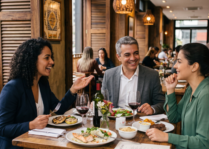 Profissionais fazendo networking durante viagem corporativa em Dourados.
