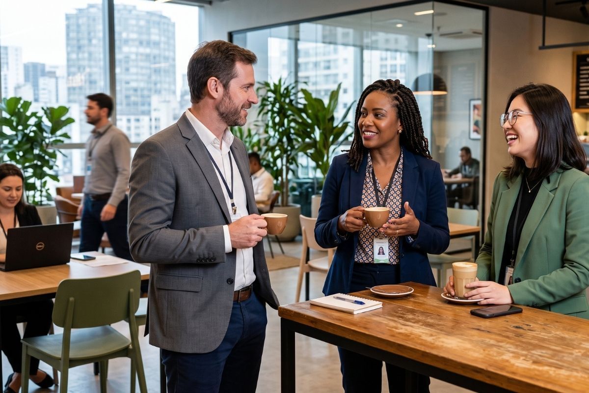 Profissionais fazendo networking durante evento empresarial em Maringá.