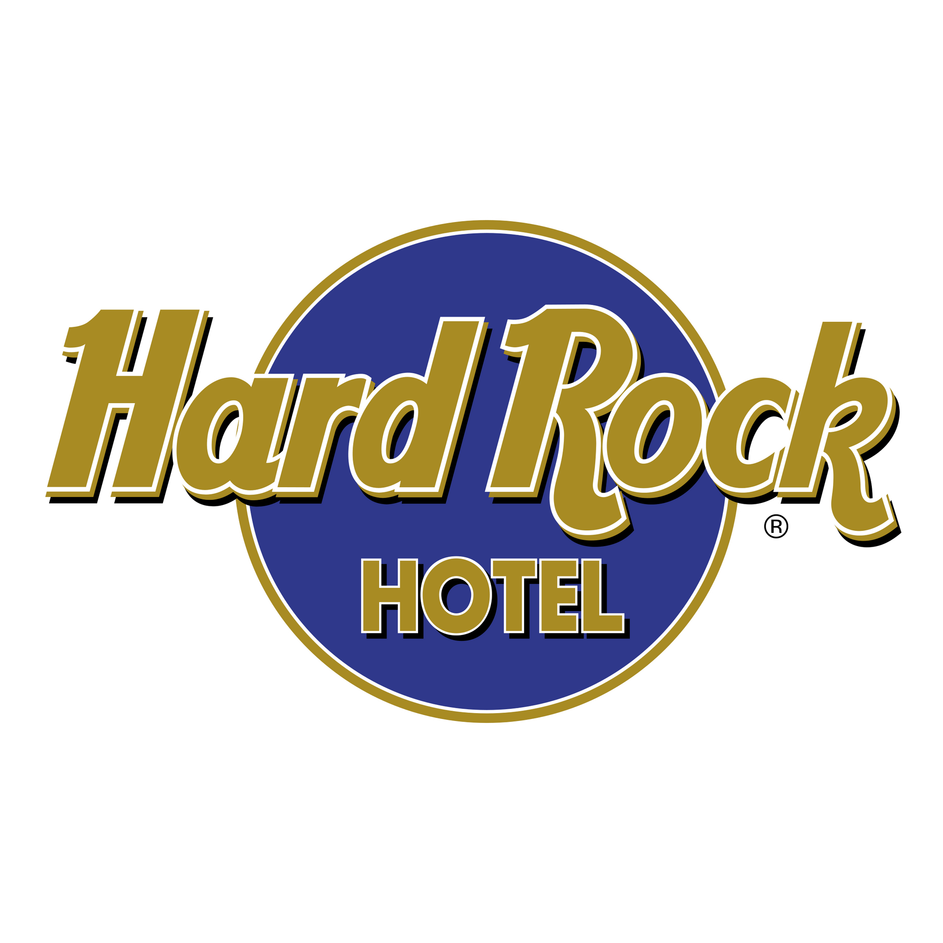 Hard Rock Hotel logo: gold text on blue circle,