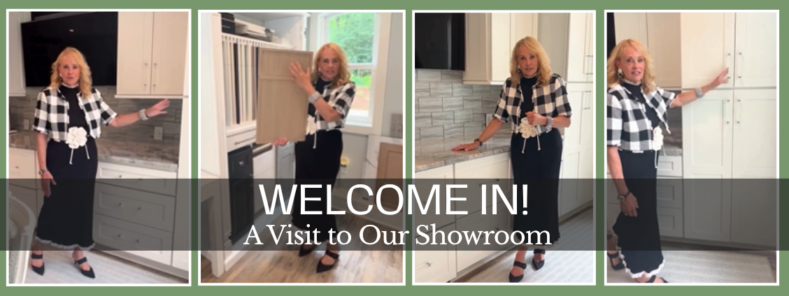 Woman in black-and-white plaid shirt posing in a showroom with “WELCOME IN!” text overlay.