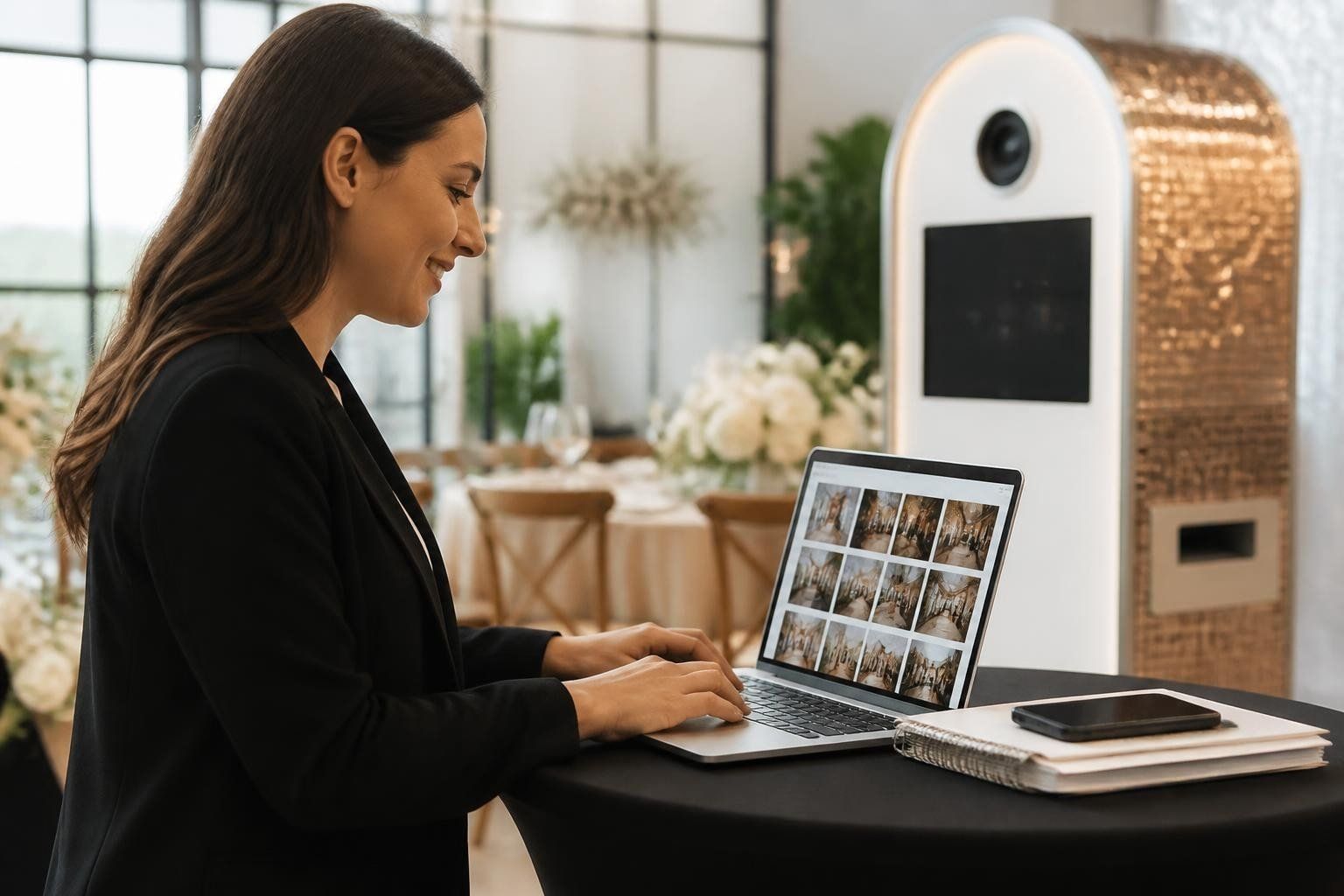 Woman typing on a laptop at a table beside a white photo booth in a bright event space
