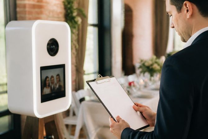Robot kiosk scanning a clipboard in a bright indoor event space