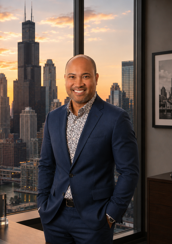 Man in navy blazer standing by a window with a city skyline at sunset behind him