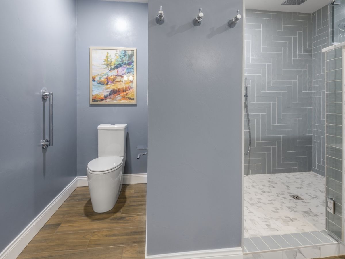 A bathroom with a toilet and a walk in shower.