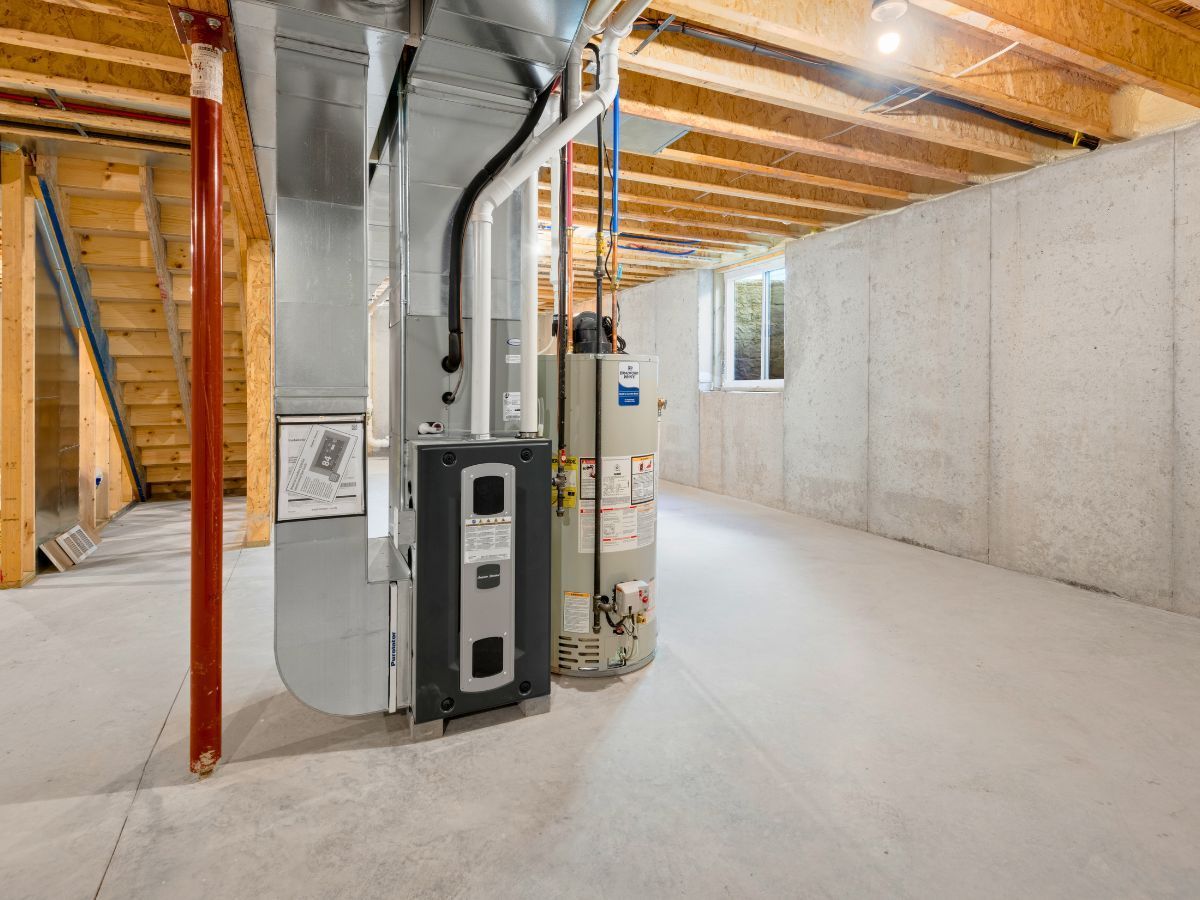 An empty basement with a furnace and water heater.