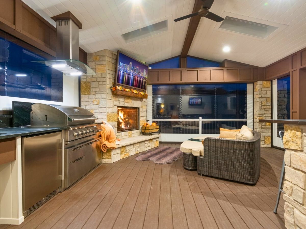 There is a fireplace in the middle of the room.