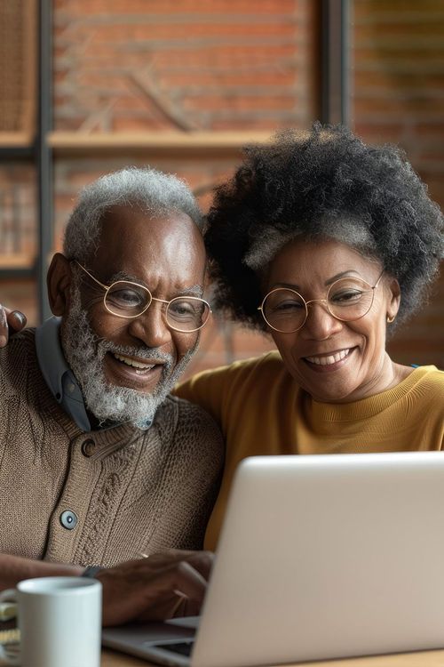 Two smiling people using a laptop together at a table in a cozy room