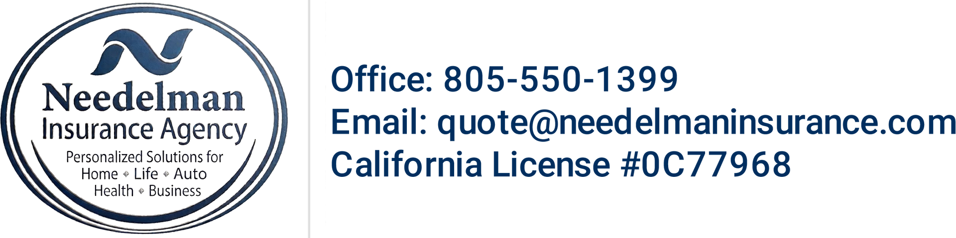Needelman Insurance Agency logo with contact info, email, and California License #0C77968