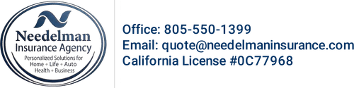 Needelman Insurance Agency logo with contact info, email, and California License #0C77968