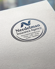 Needelman Insurance Agency logo on white textured paper, blue oval emblem and text