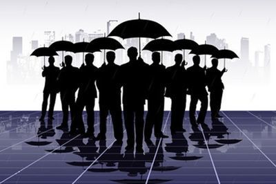 Group of silhouetted people holding umbrellas on a reflective grid floor, with a large central umbrella.