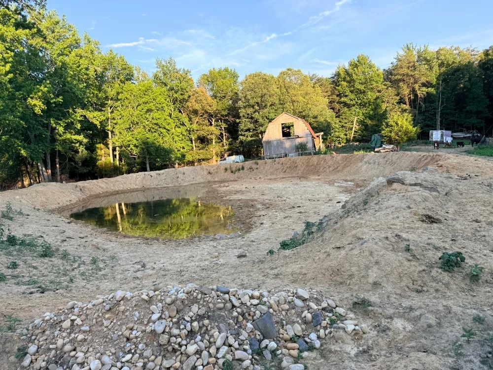 Dry, excavated pond beside a small house, surrounded by trees and dirt piles.