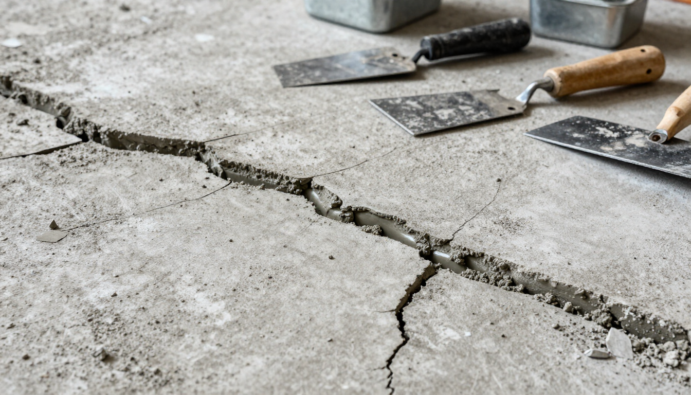 Cracked concrete floor with trowels and buckets, suggesting paving or repair work