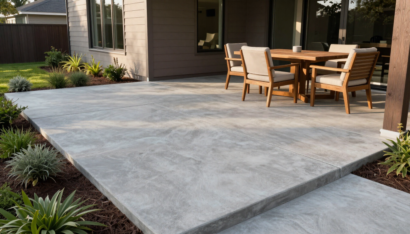 Concrete patio with outdoor dining table and chairs beside a house, surrounded by landscaping