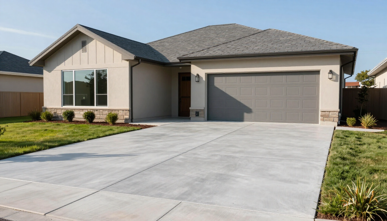 Single-story beige house with a two-car garage and wide concrete driveway under a clear sky