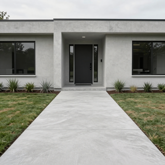 Modern single-story home exterior with a concrete walkway leading to a dark front door