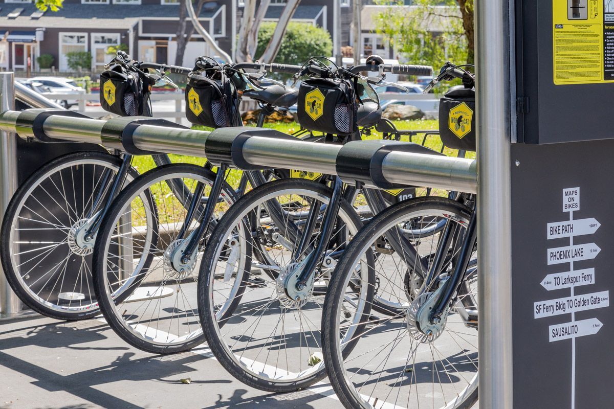 Bicycle racks with several bikes parked beside an apartment building.