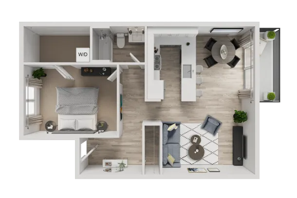 Floor plan of a junior 1-bedroom apartment. Shows living room, kitchen, bedroom, bathroom, and closets.